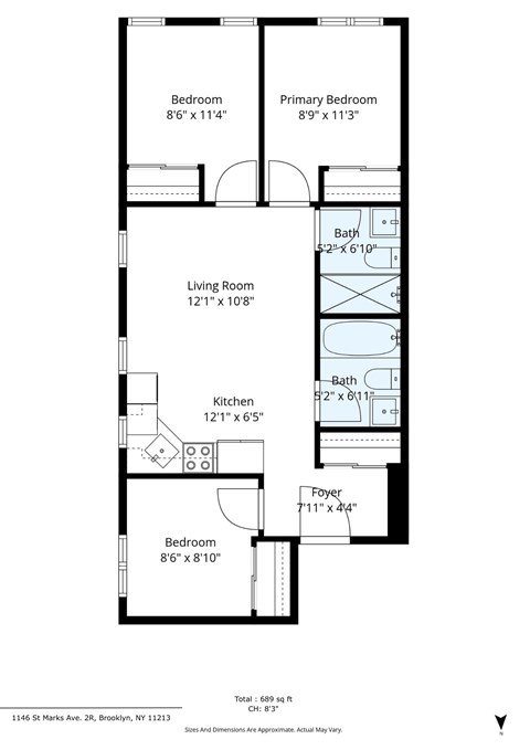 Floor plan for 3 beds, 2 baths, 1350 sqft